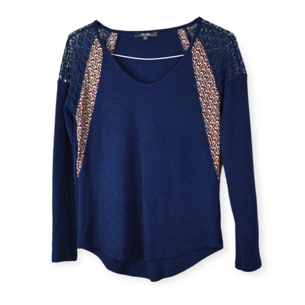 Miss Me Sweater S Womens Scoop Neck Long Sleeve Navy Knit Acrylic Blend